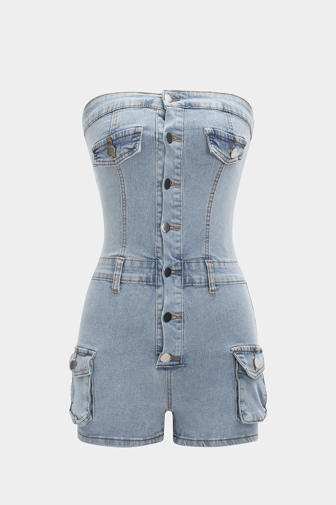Strapless Button Denim Romper