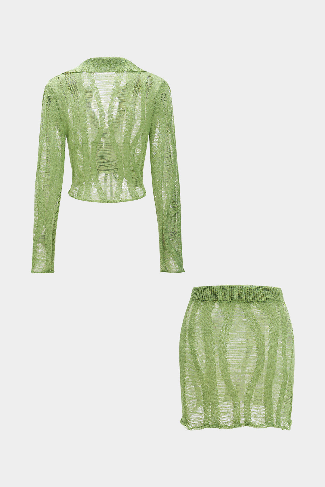 Knit Cut Out Tie-Up Long Sleeve Shirt And Skirt Set