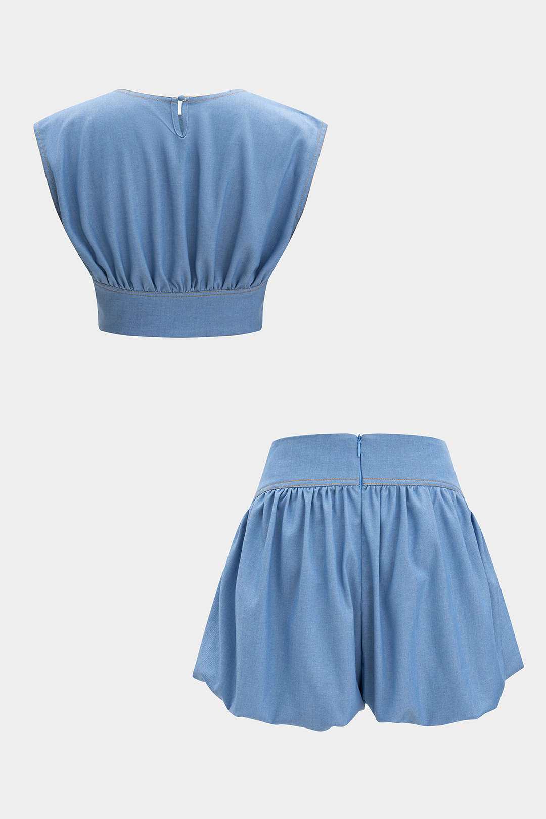 Denim Ruched Tank Top And Zipper Detail Shorts Set