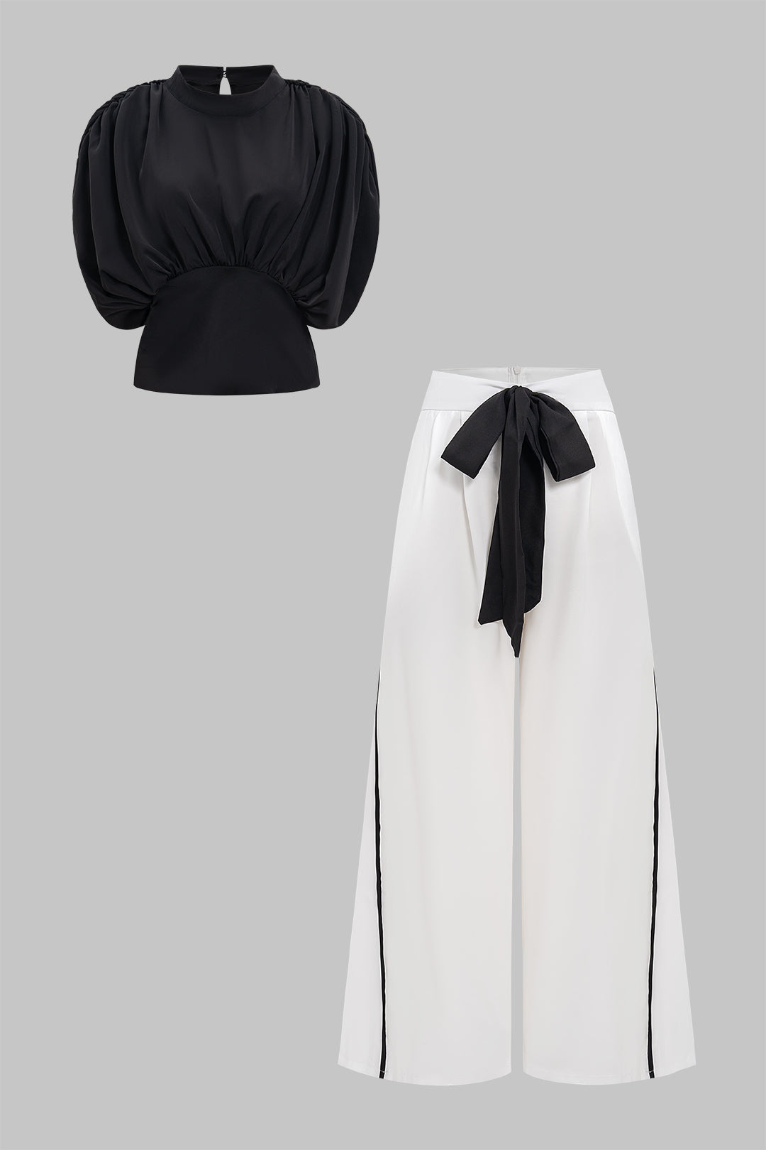 Corset Waist Pleated Short-Sleeve Top Adn Contrast Tie-Front Wide Leg Trousers Set