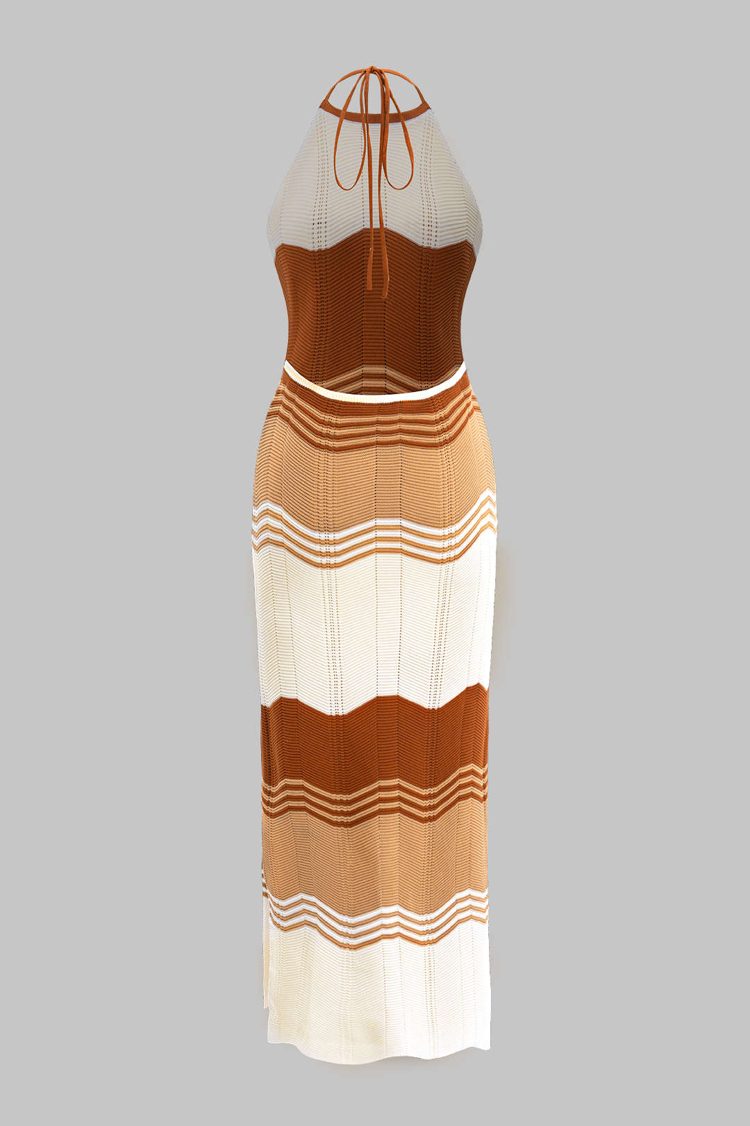 Knit Contrast Backless Sleeveless Halter Neck Slit Dress