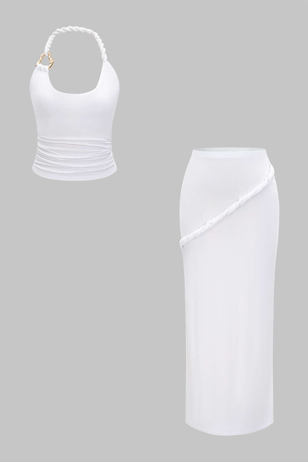 Asymmetrical Twist Knot Metallic Skirt Set