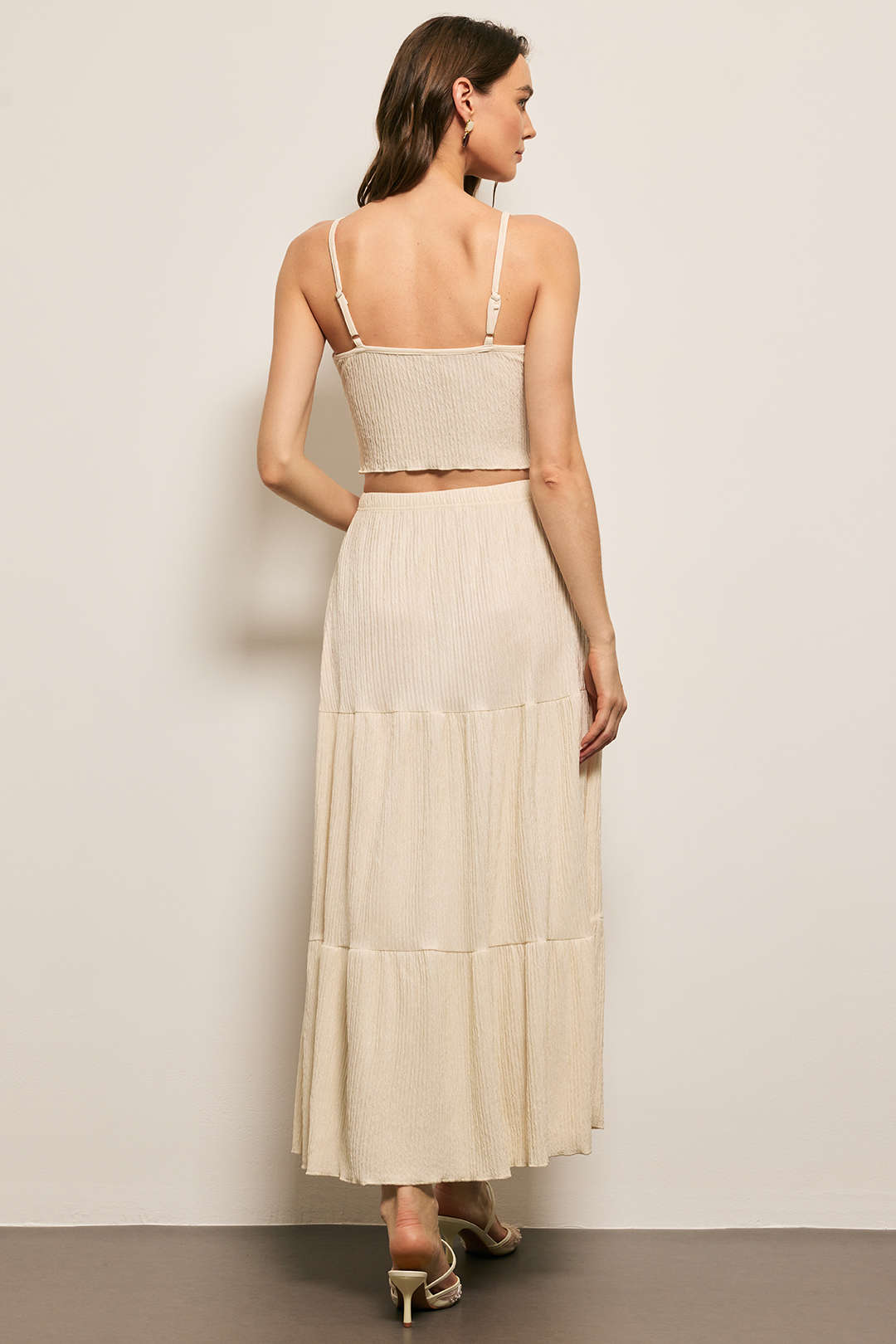 Solid Ruched Cami Top And Pleated Skirt Set