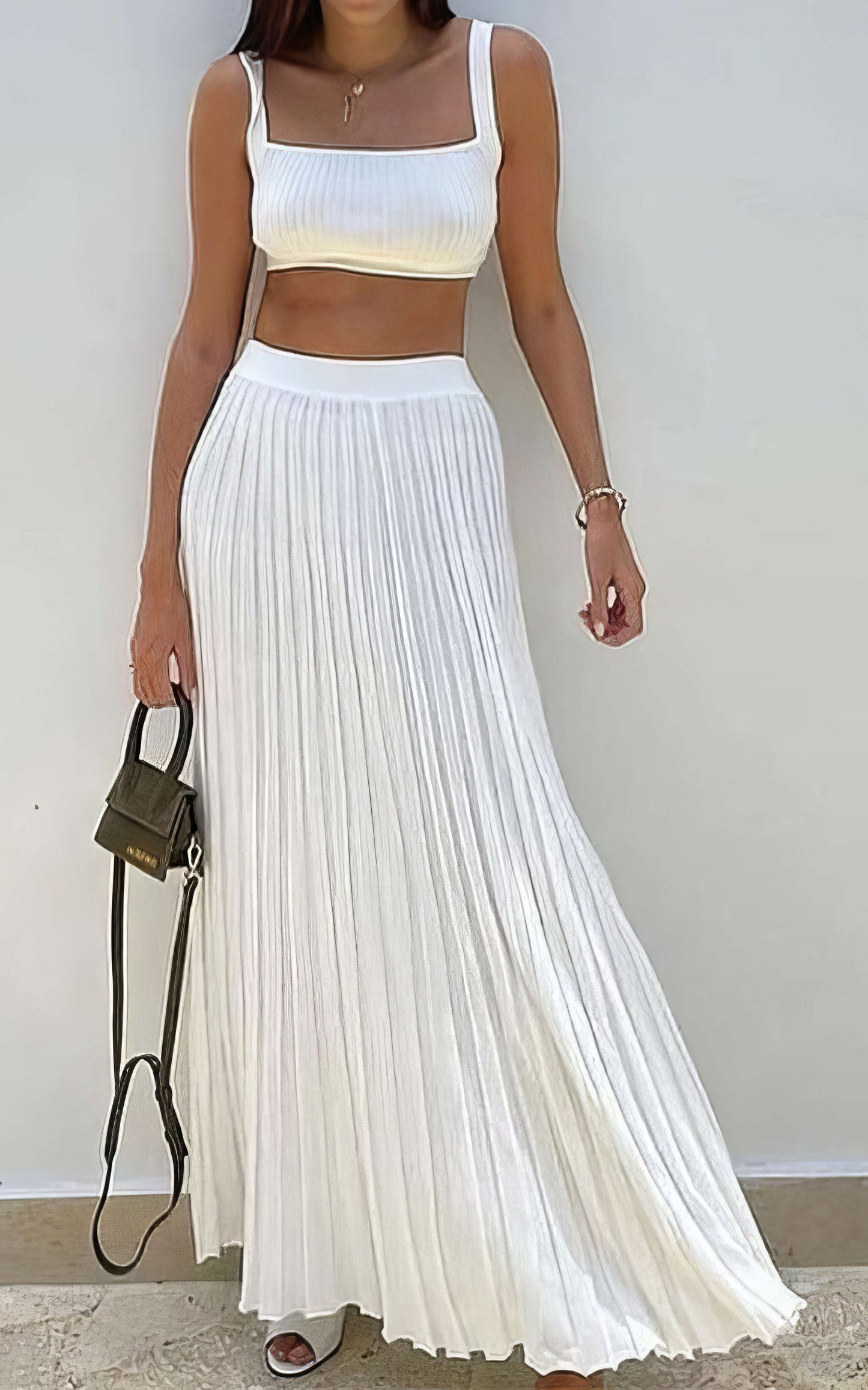 Knit Tank Top And High Waist Pleated Skirt Set