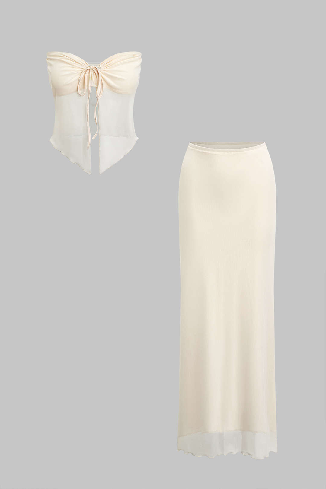 Ruched Sleeveless Double-Layered Mesh Split Strapless Top And Maxi Skirt Set