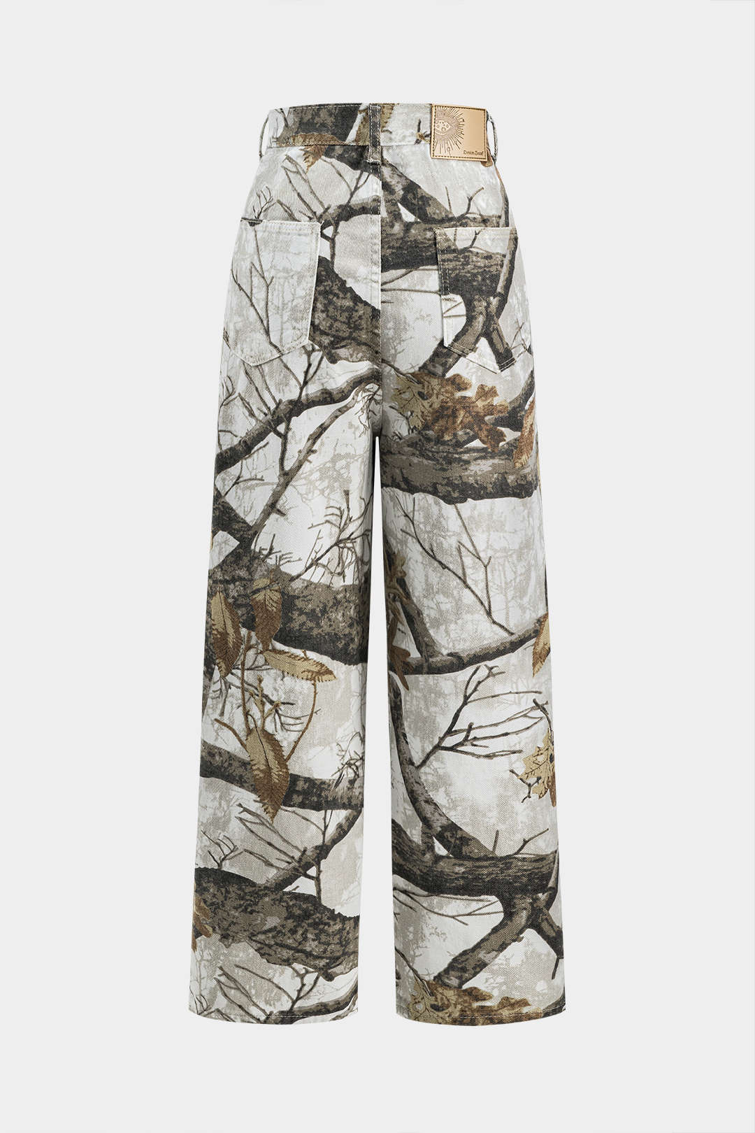 Branch Print Denim Button Pocket Wide Leg Trousers