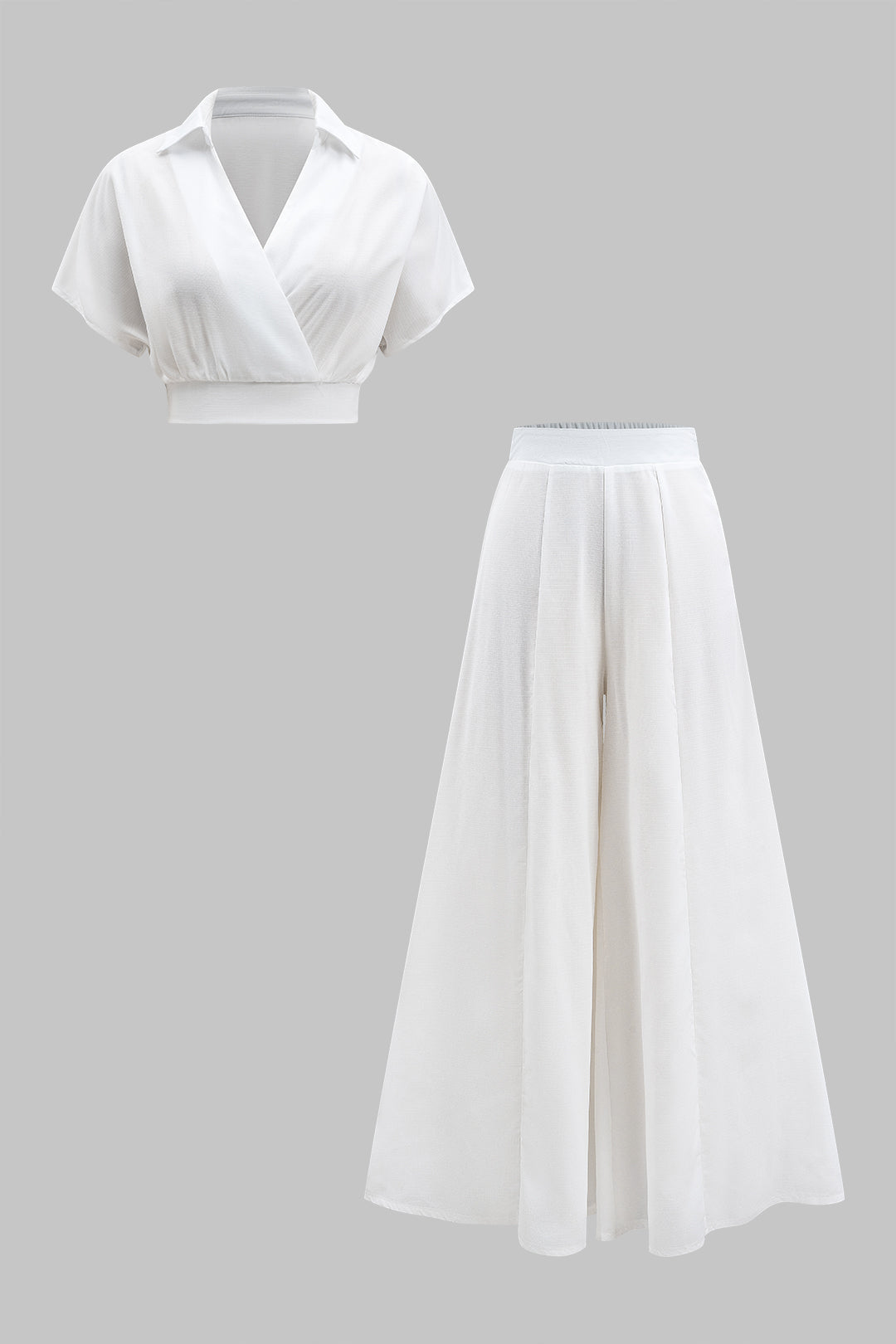 Ruched Crossed Short Sleeve Top And Wide Leg Trousers Set