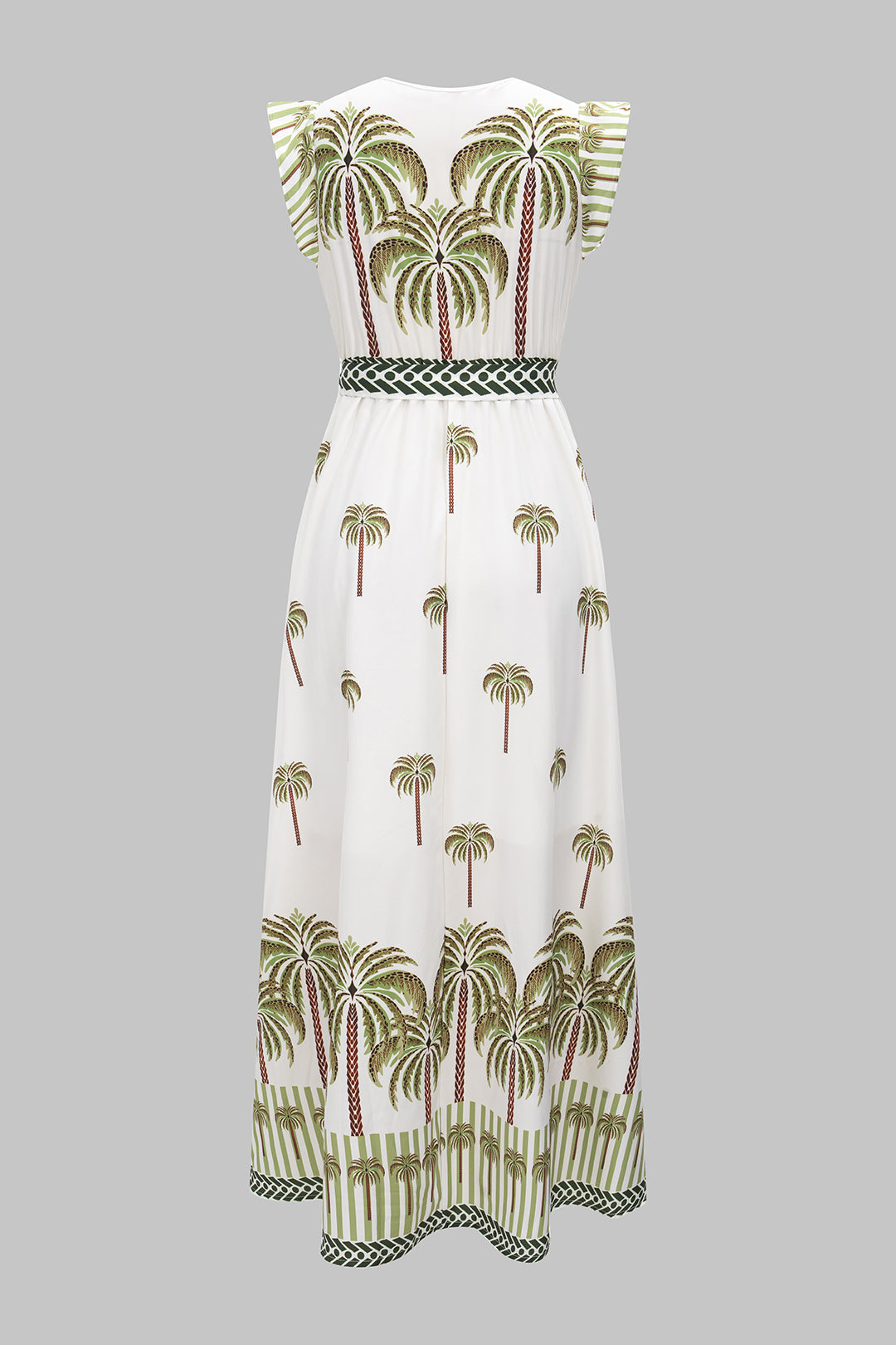 Coconut Palm Branches Leaves Print V-Neck Short Sleeve Maxi Dress