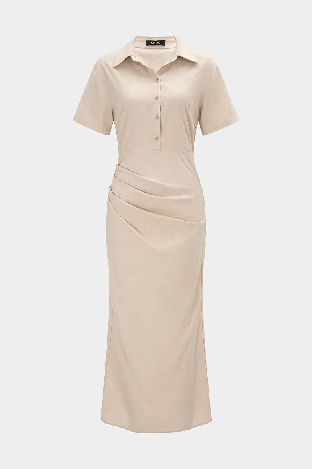 Button Ruched Short Sleeve Maxi Dress