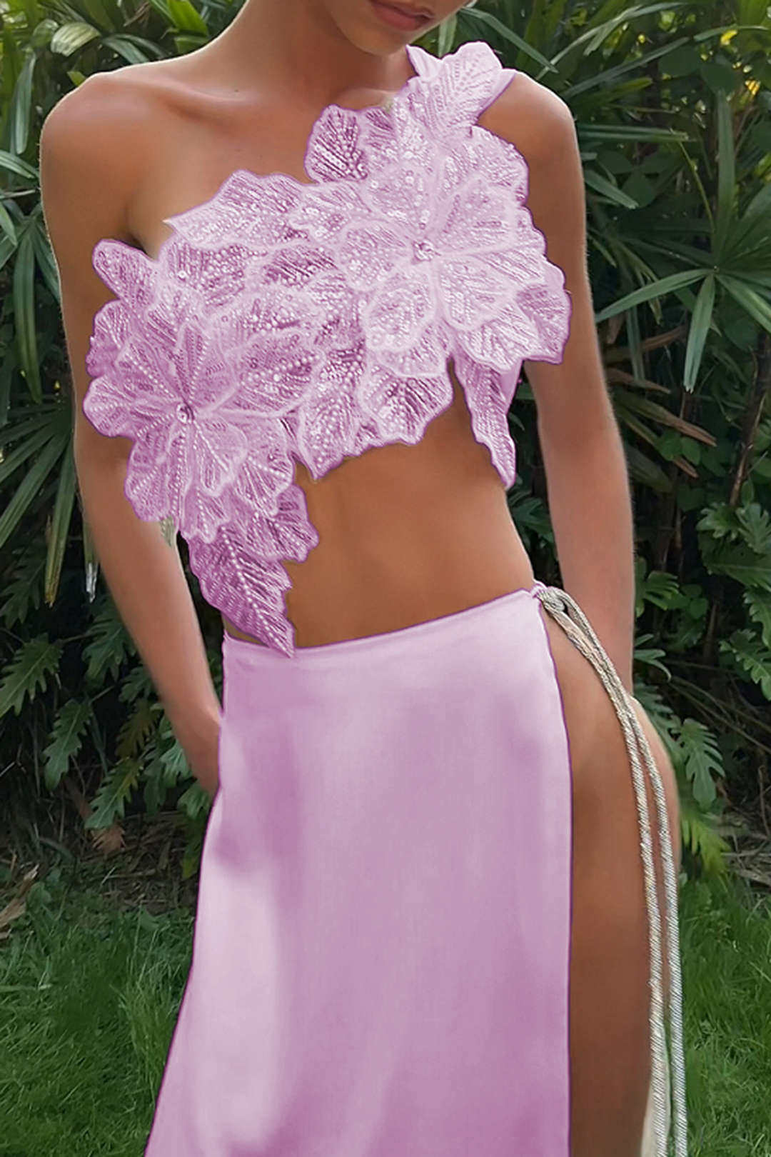 Satin Sequin Bead Tie Back Backless Top And Tie Knot Slit Skirt Set