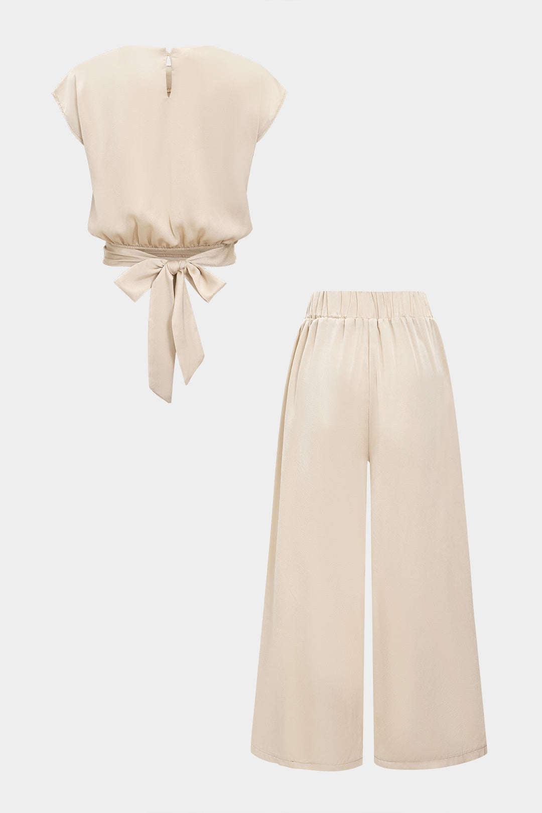 Satin Ruched Tie Back Short Sleeve T-Shirt And Wide Leg Trousers Set