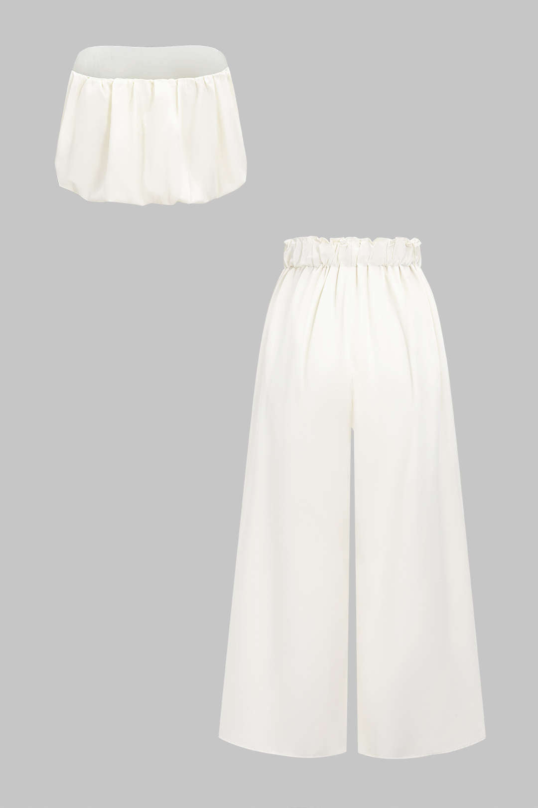 Solid Pleated Tube Top And Drawstring High Waist Wide Leg Trousers Set