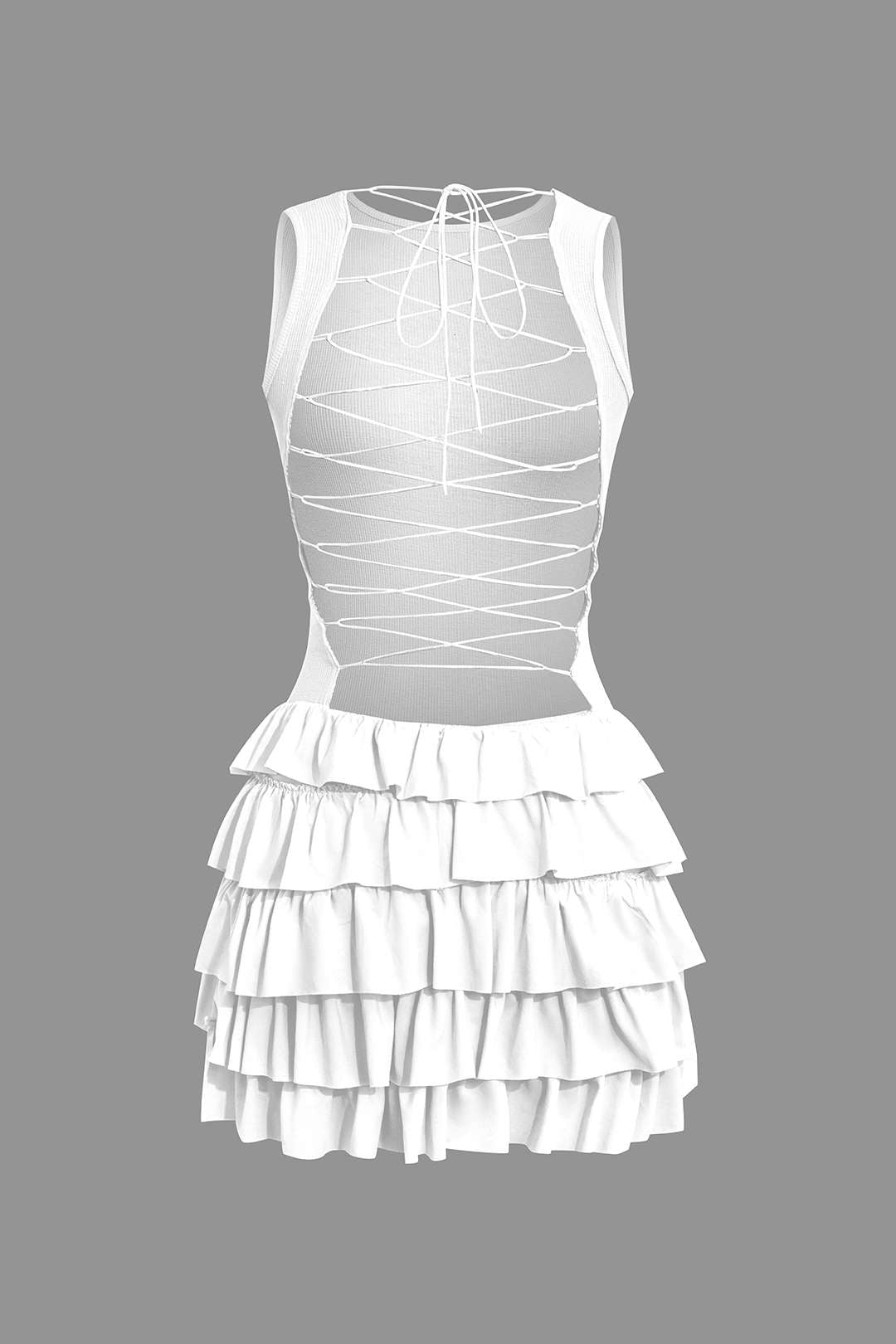 Lace Up Back Sleeveless Ruffle Hem Mini Dress