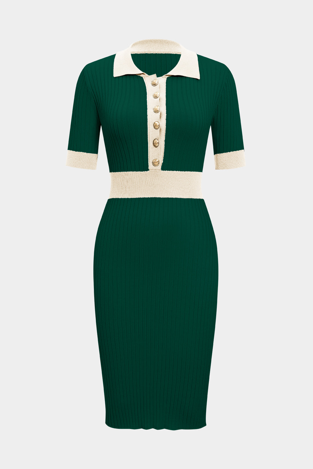 Knit Contrast Metallic Button Short Sleeve Dress