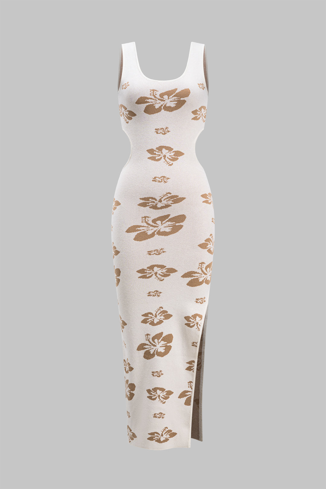 Knit Floral Print Cut Out Slit Sleeveless Dress