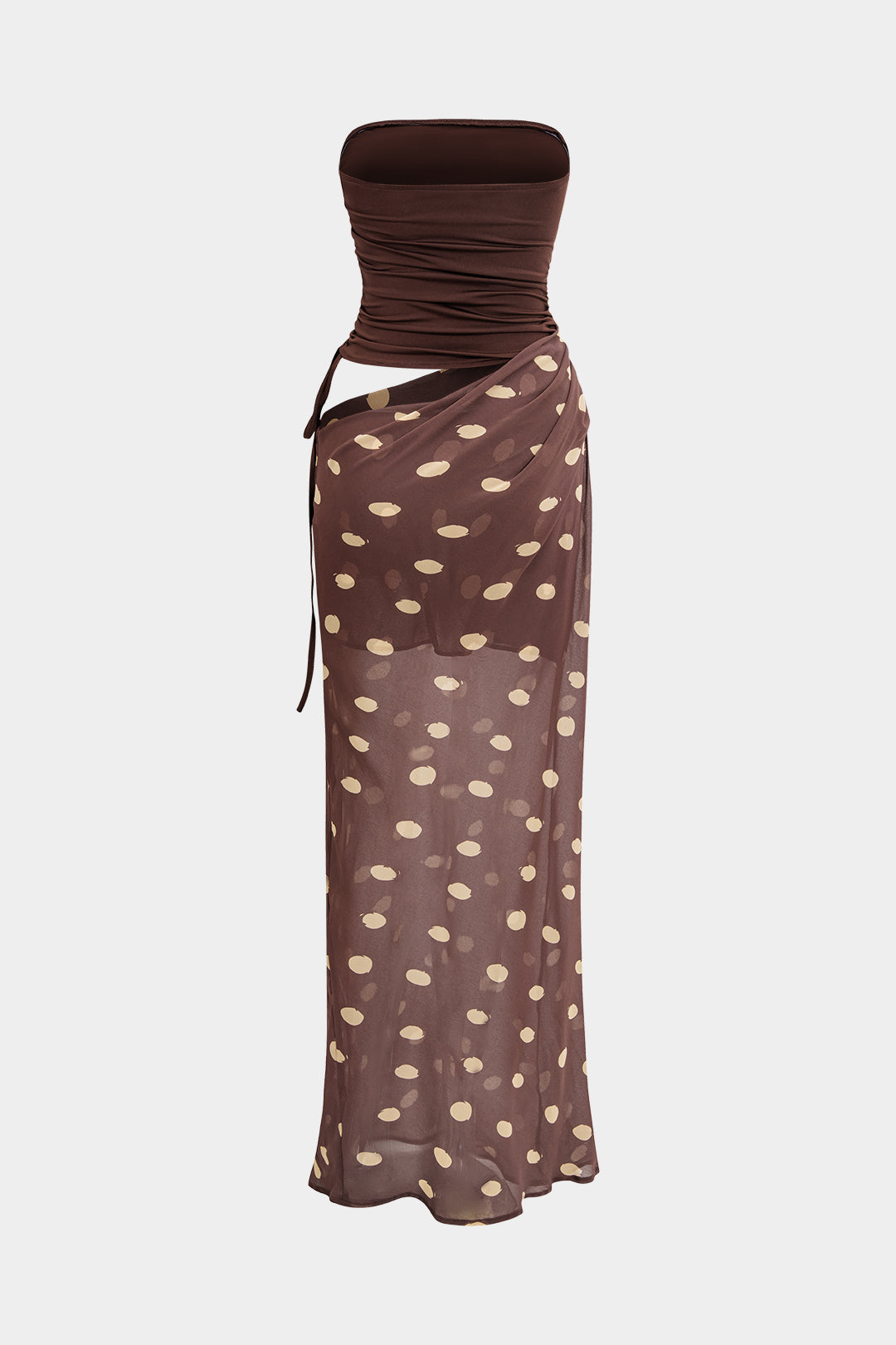 Polka Dots Print Chiffon Strapless Patchwork Ruched Drawstring Sleeveless Maxi Dress