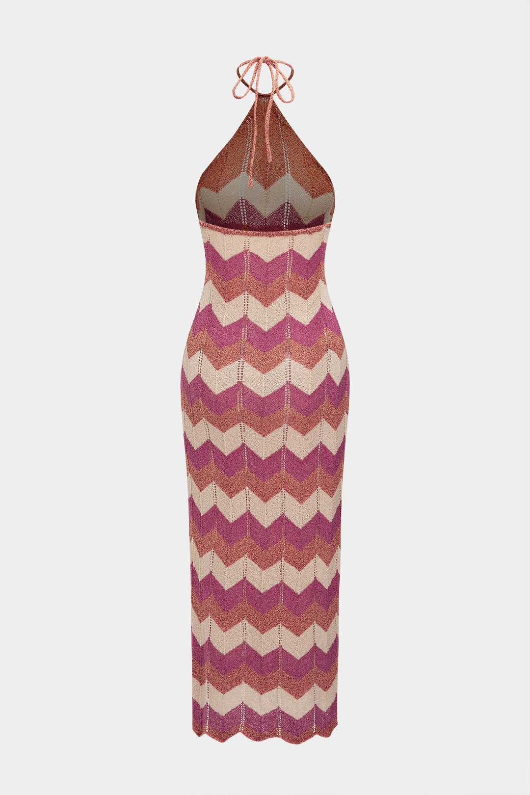 Knit Stripe Print Hollow Out Halter Neck Tie-Up Sleeveless Dress