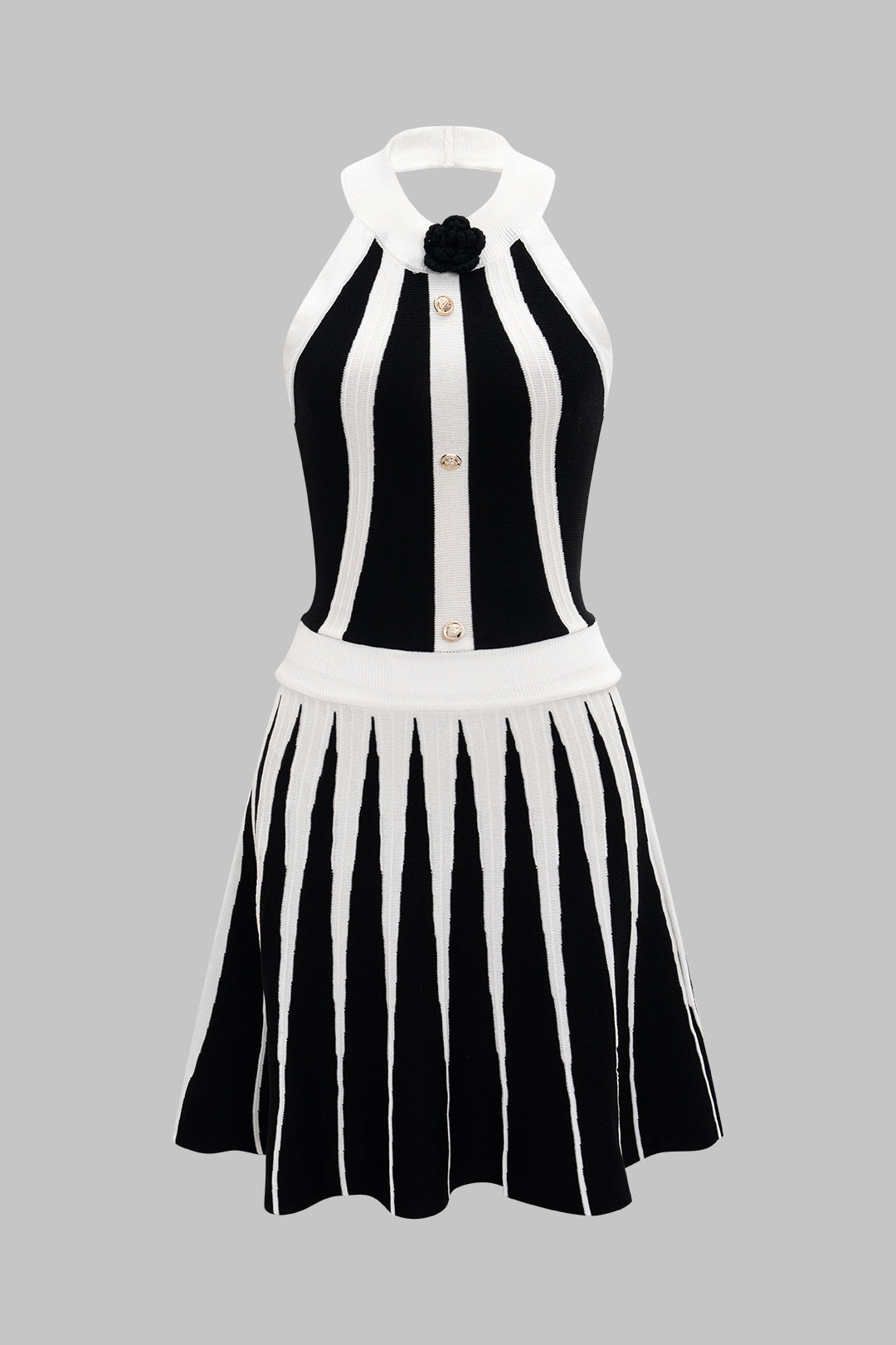 Knit Contrast Halter Neck Button Backless Sleeveless Dress