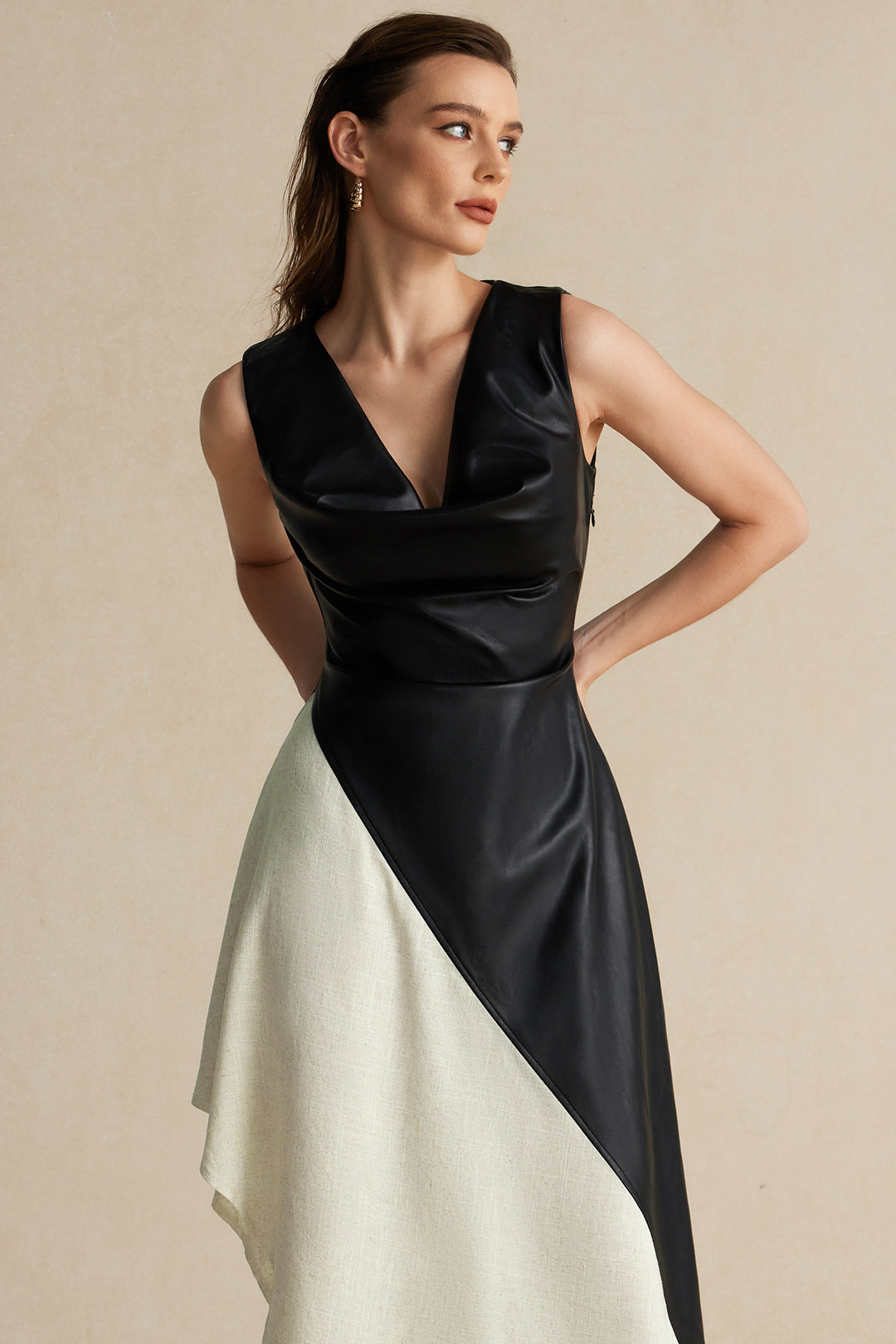 Color Block Draped Cowl Neck Asymmetrical Midi Dress