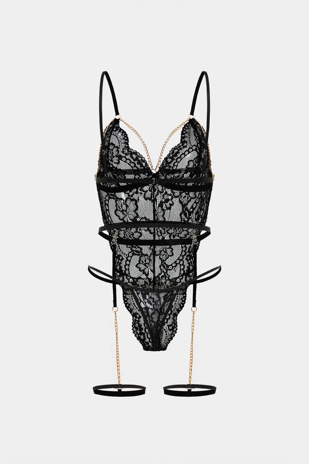 Lace Metallic Chain Cut Out Sheer Lingerie Garter Set