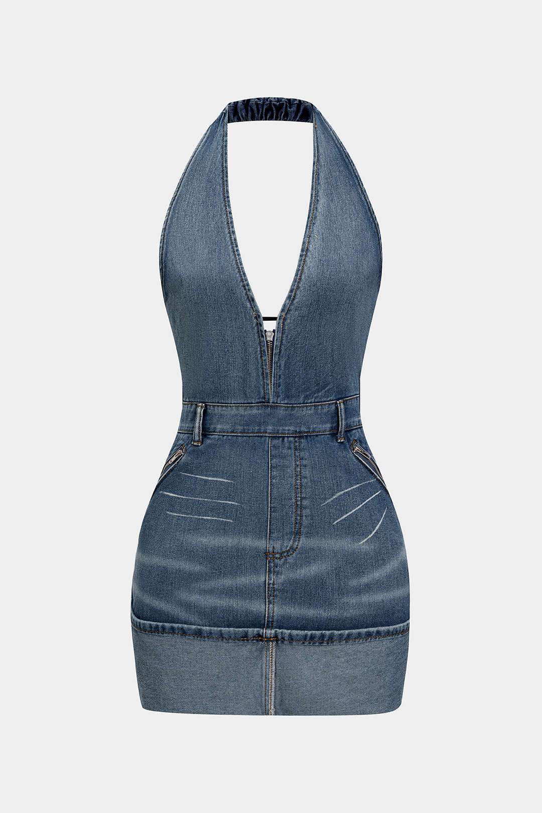Denim Backless Washed Zipper Halter Mini Dress
