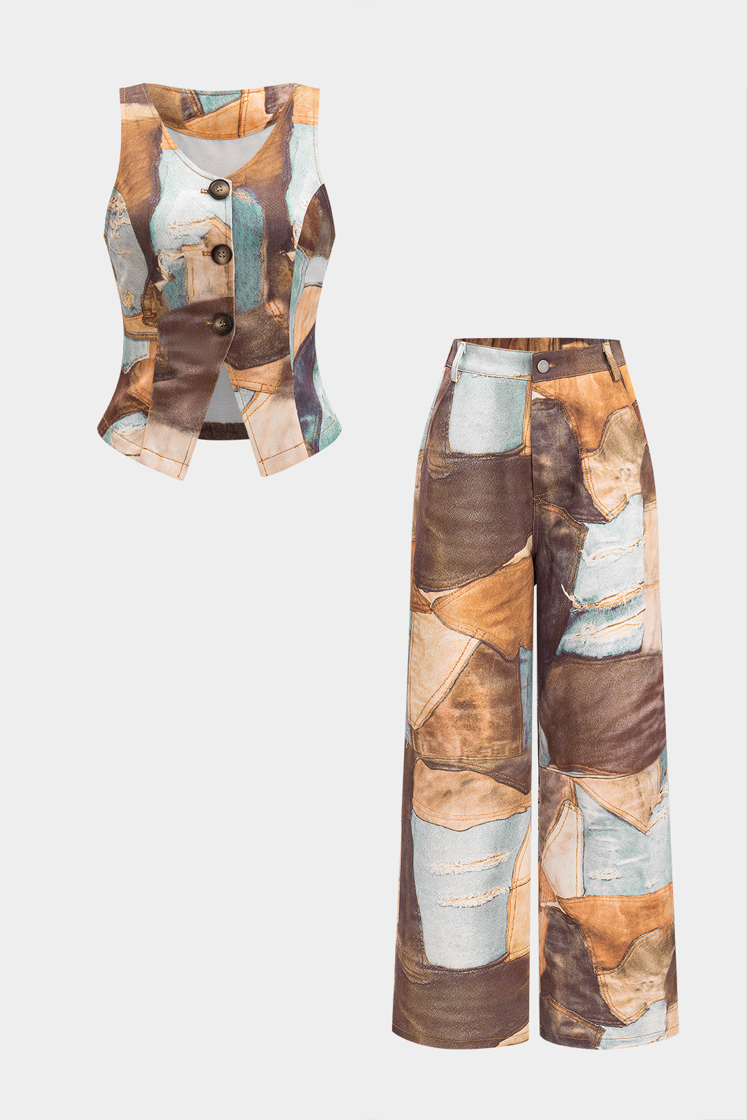Denim Abstract Print V-Neck Button Tank Top And Wide Leg Trousers Set