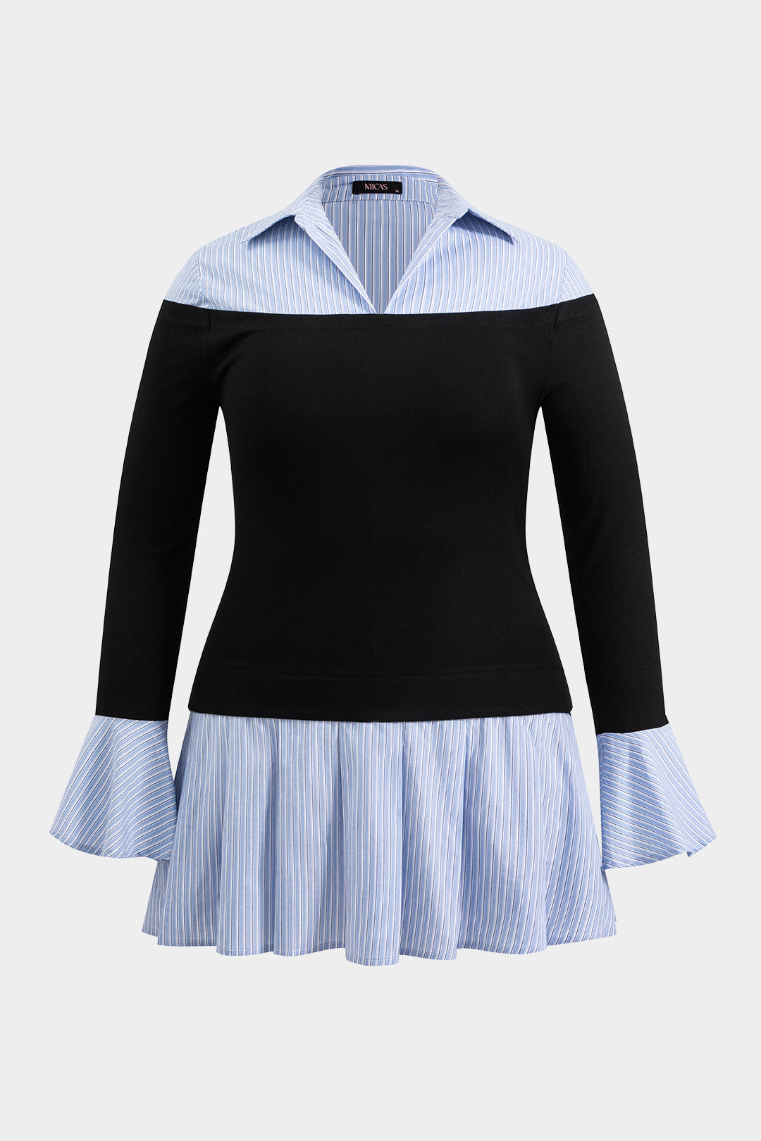 Plus Size Pleated Patchwork V-Neck Bell Sleeve Mini Dress