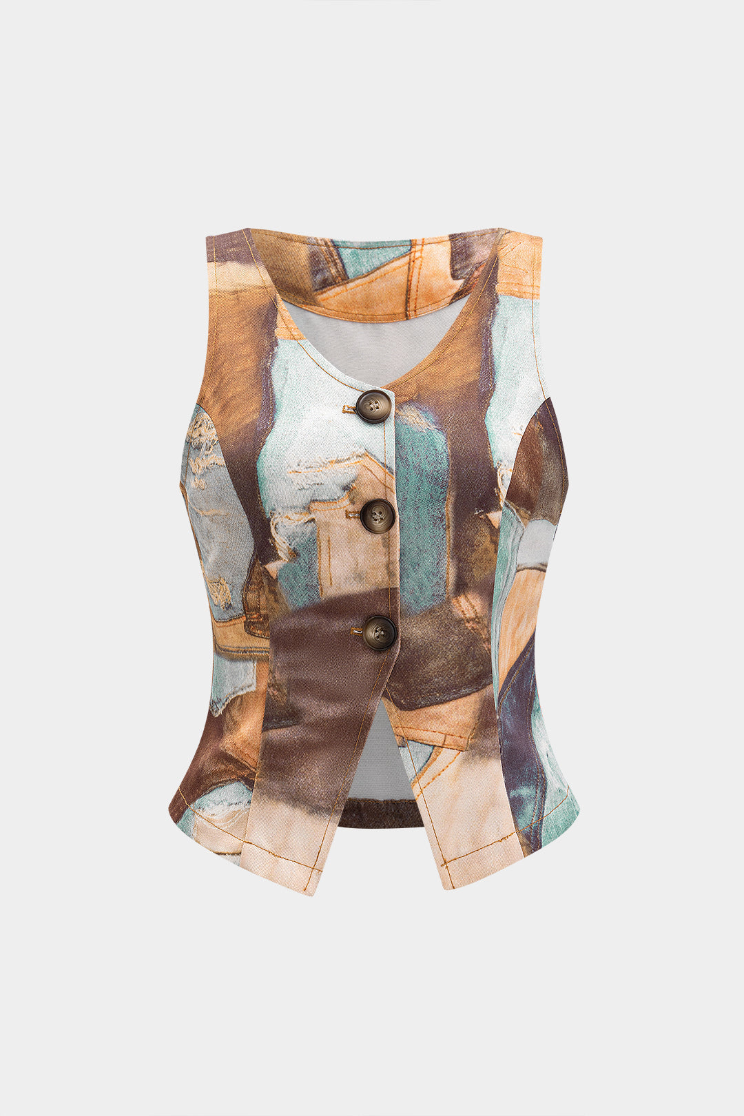 Denim Abstract Print V-Neck Button Tank Top And Wide Leg Trousers Set