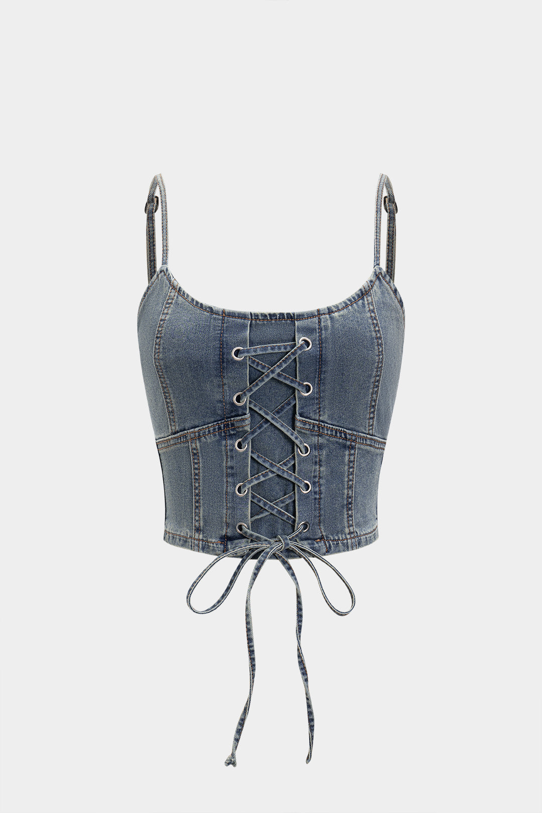 Denim Shirred Tie-Up Cami Top