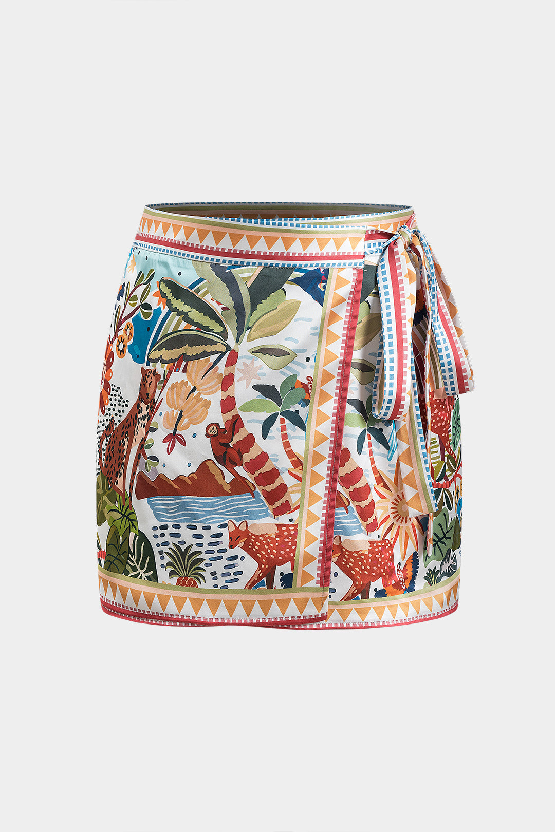 Satin Bohemian Pattern Tie Front Skirt