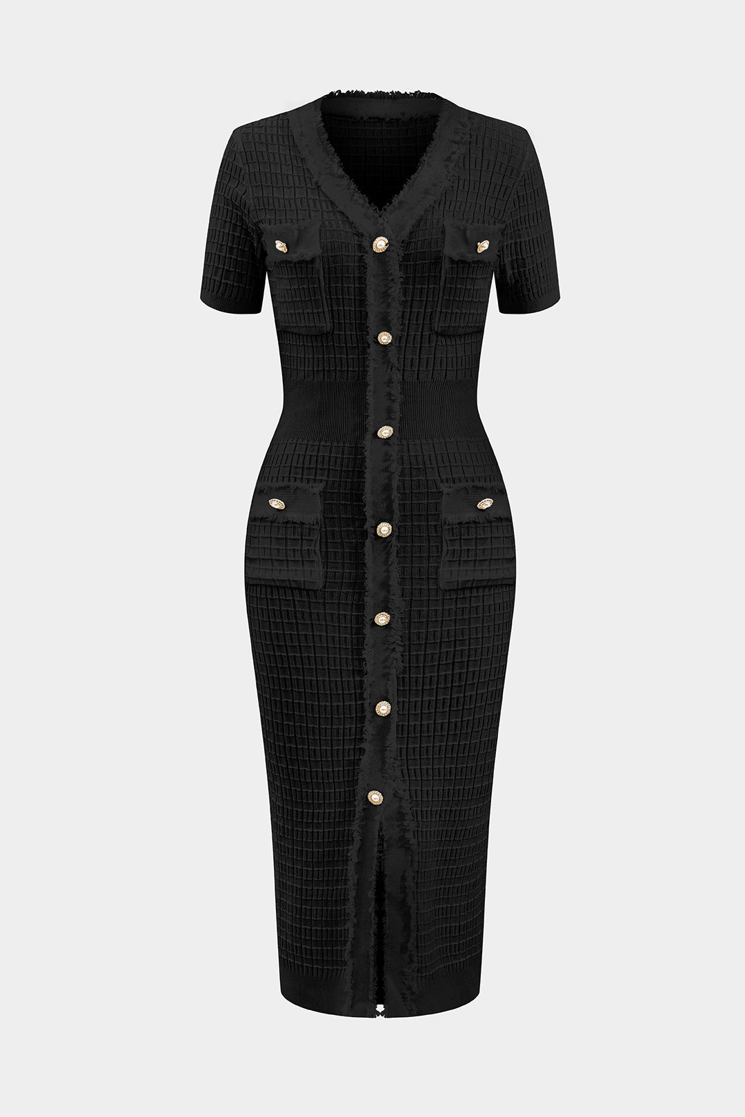 Knit V-Neck Button Short Sleeve Dress