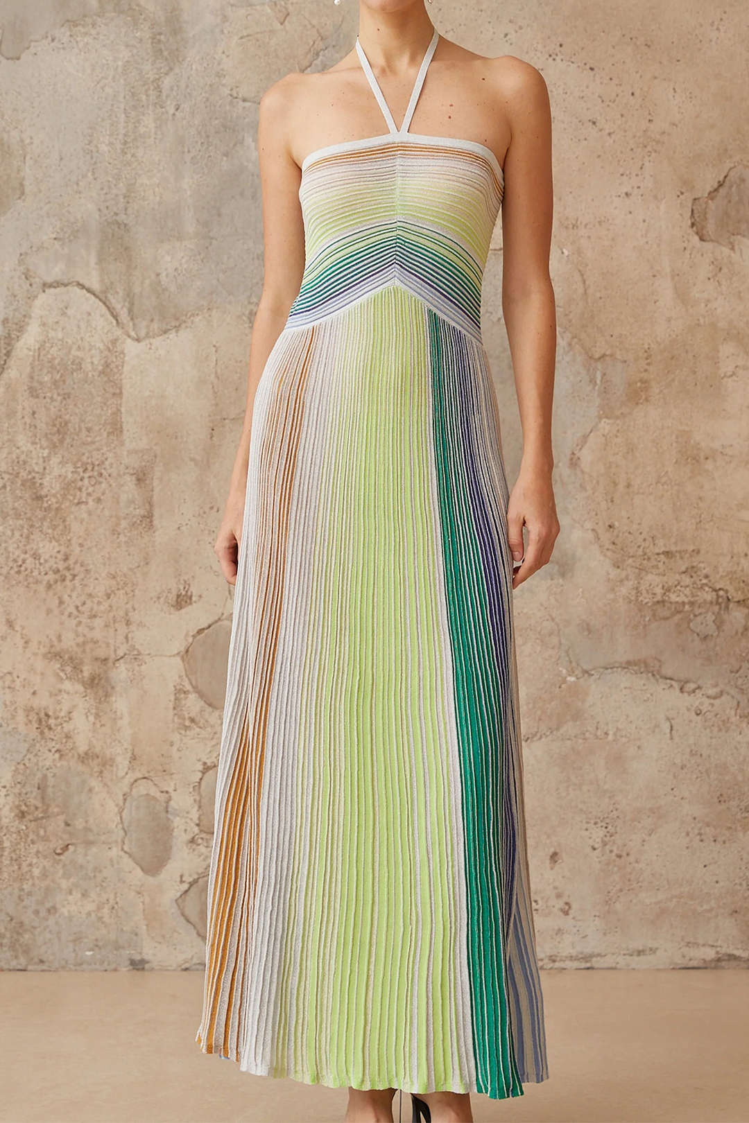 Knit Contrast Stripe Halter Neck Sleeveless Dress