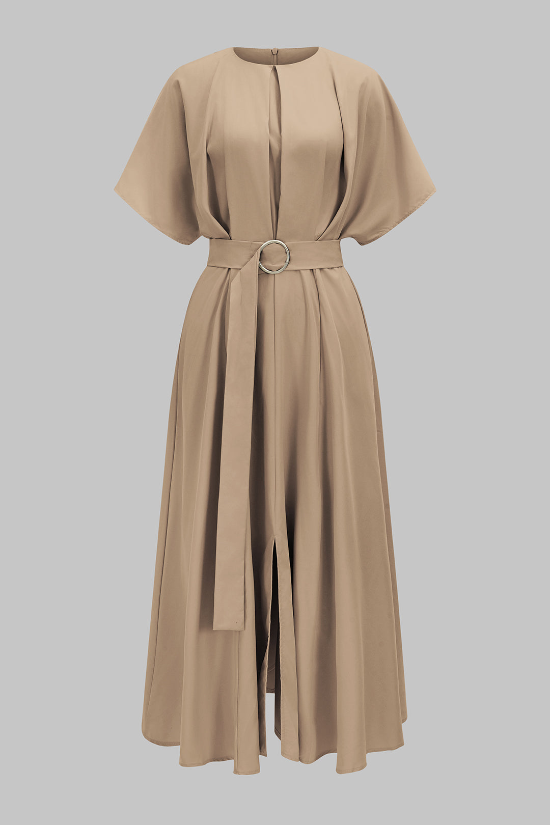 Round Neck Belted Ruched Short Sleeve Maxi Dress