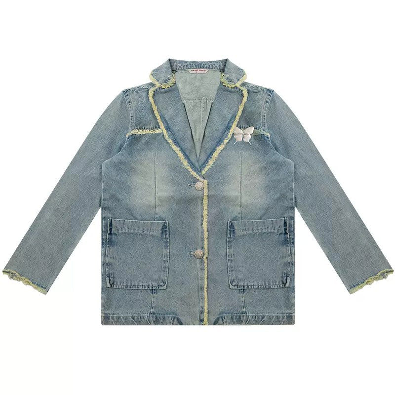 Blue Vintage Oversized Distressed Denim Blazer