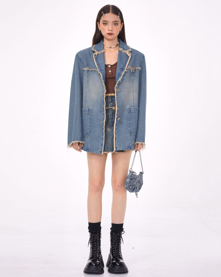Blue Vintage Oversized Distressed Denim Blazer