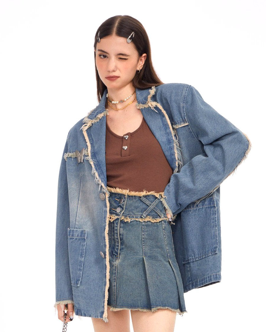 Blue Vintage Oversized Distressed Denim Blazer