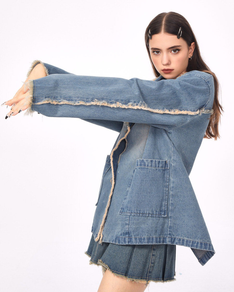 Blue Vintage Oversized Distressed Denim Blazer