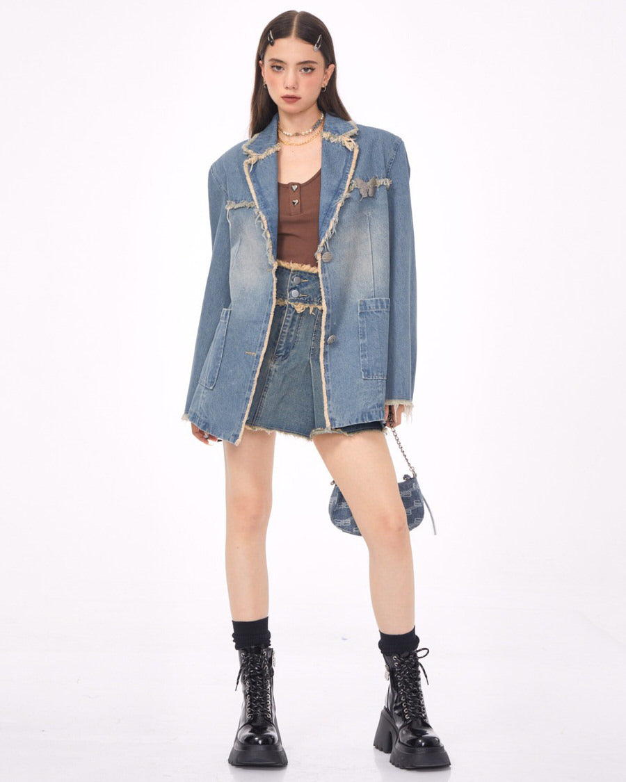 Blue Vintage Oversized Distressed Denim Blazer