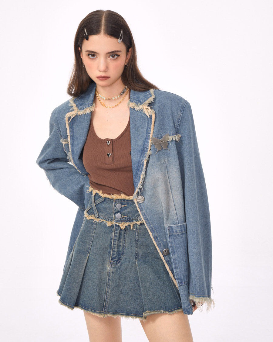 Blue Vintage Oversized Distressed Denim Blazer