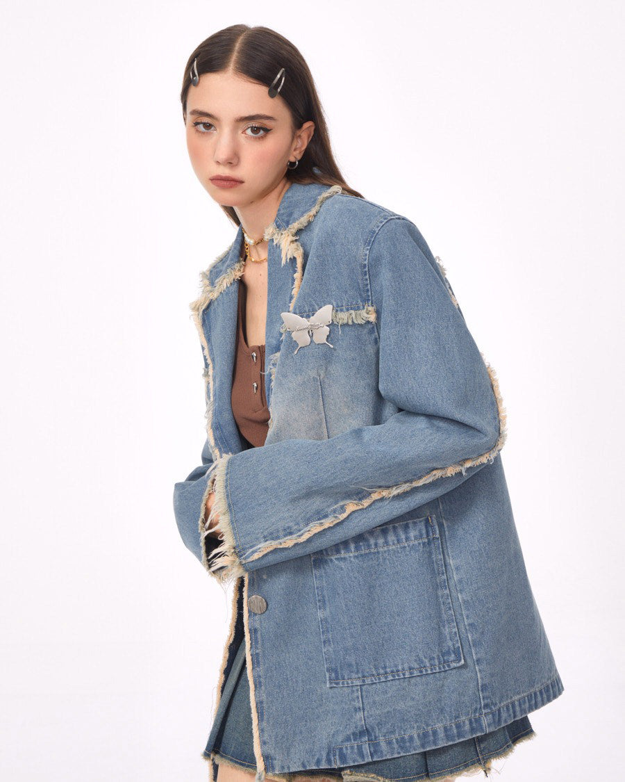 Blue Vintage Oversized Distressed Denim Blazer