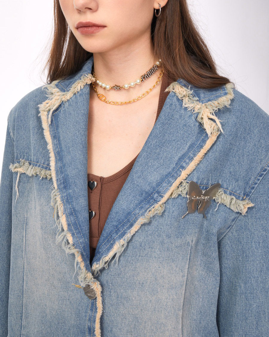 Blue Vintage Oversized Distressed Denim Blazer