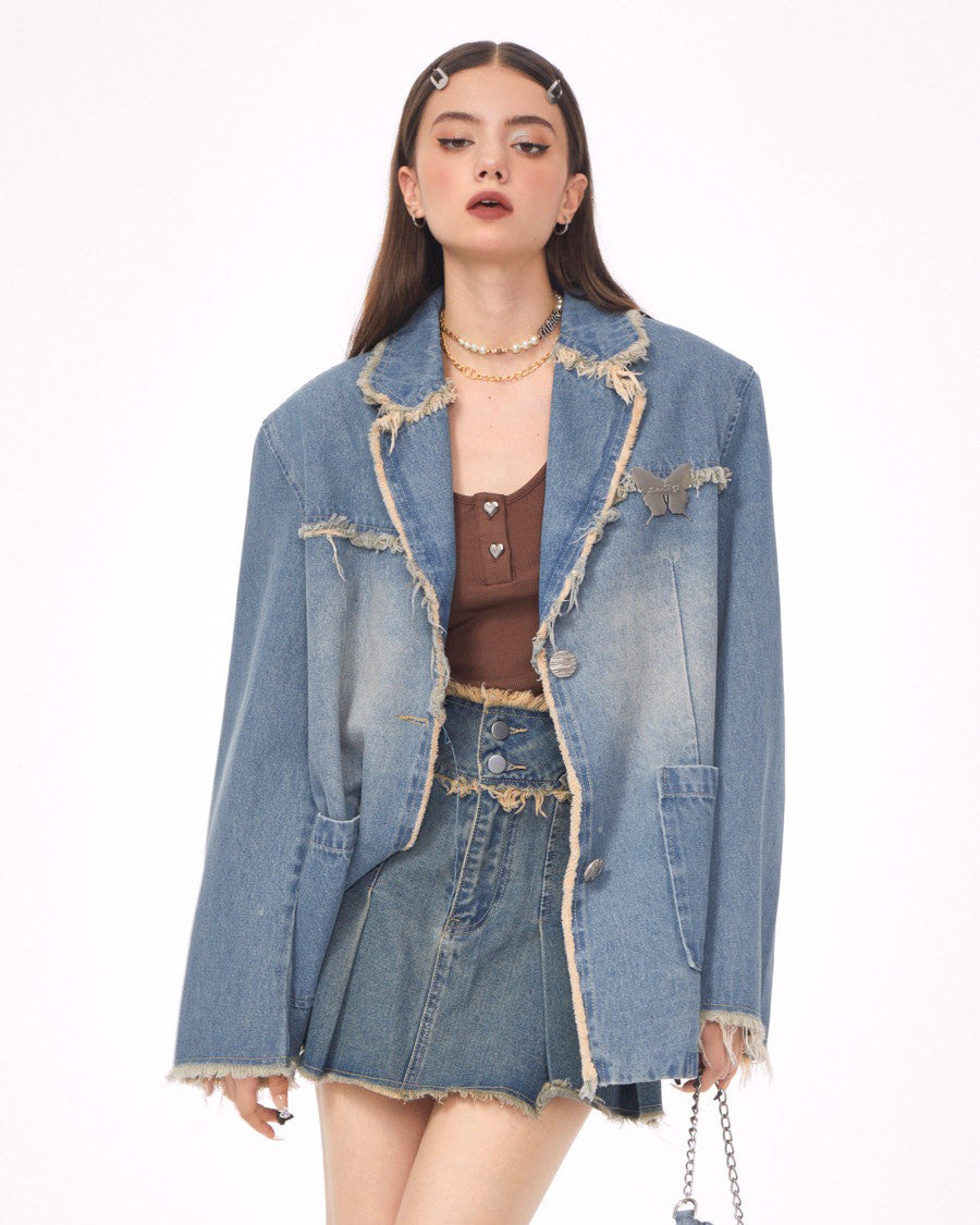 Blue Vintage Oversized Distressed Denim Blazer