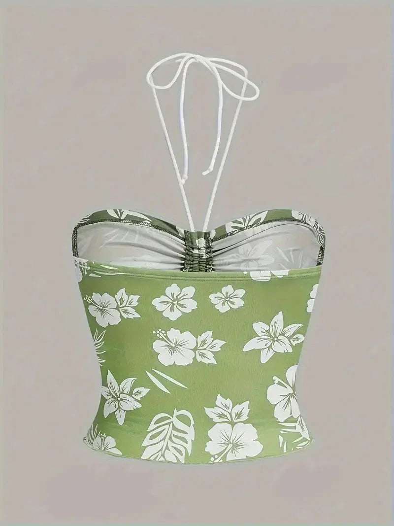 Hibiscus Floral Ruched Bust Halter Crop Top