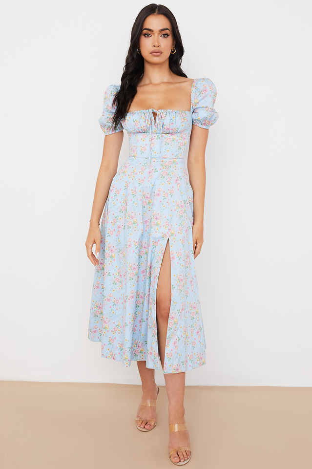 Blue And Pink Vintage Print Midi Skirt