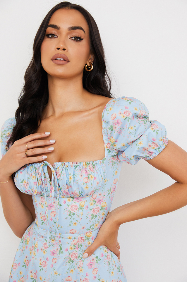 Blue And Pink Vintage Print Midi Skirt
