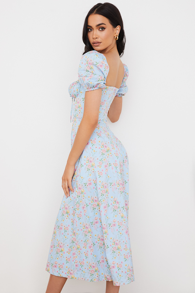 Blue And Pink Vintage Print Midi Skirt