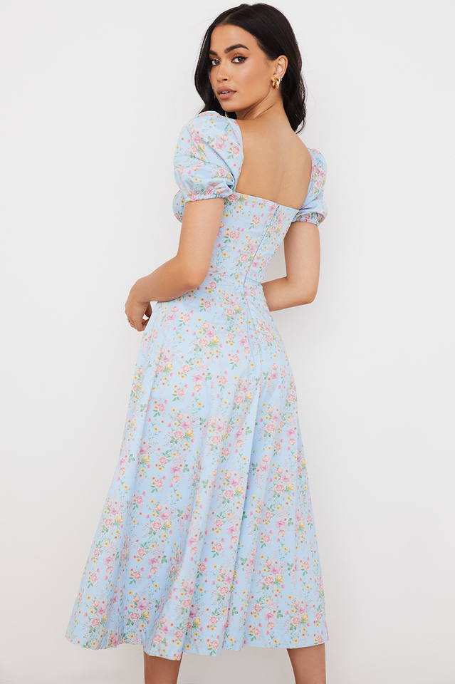 Blue And Pink Vintage Print Midi Skirt