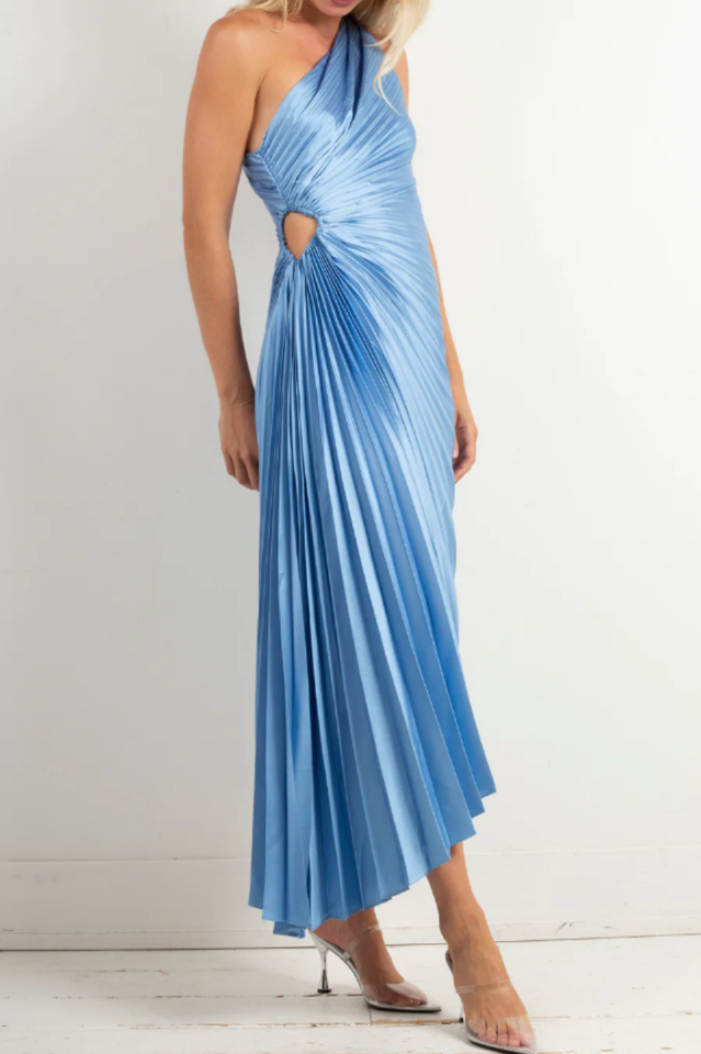 Catalina One Shoulder Pleated Satin Dress