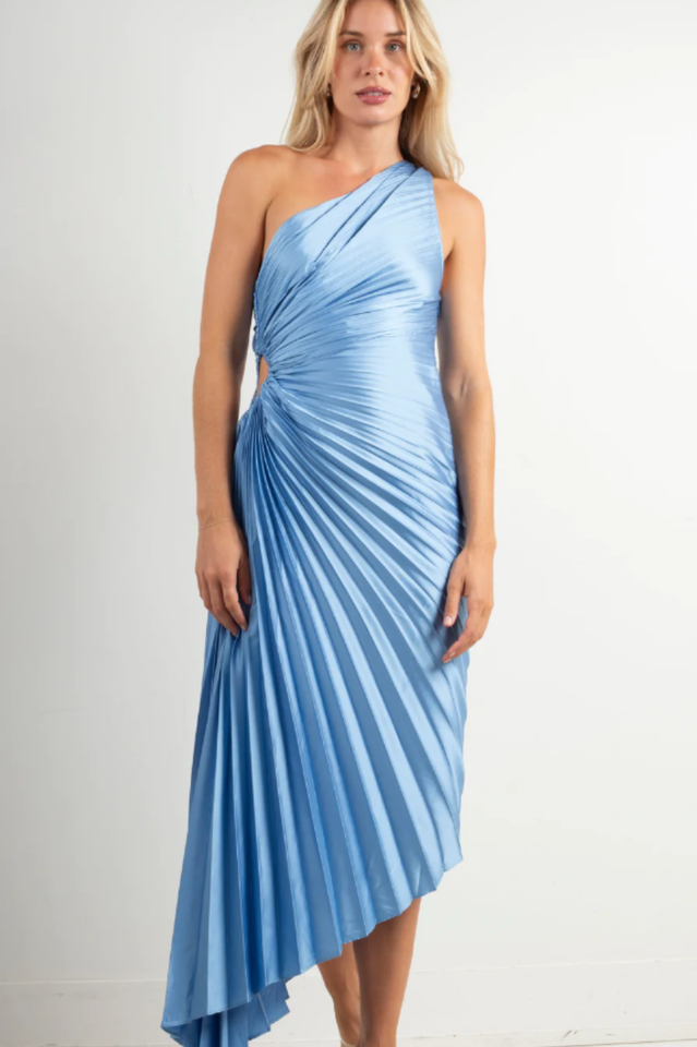 Catalina One Shoulder Pleated Satin Dress
