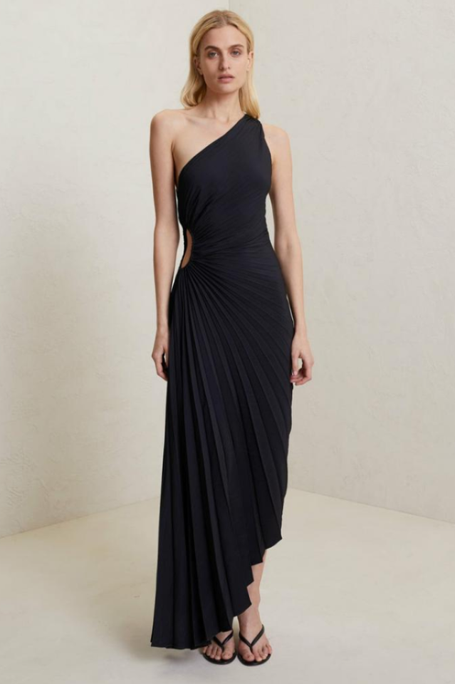 Catalina One Shoulder Pleated Satin Dress